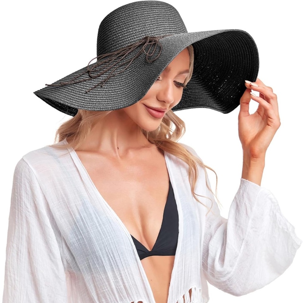 Wide Brim Straw Sun Hat with Bow Straw Black Floppy Sun Beach Hat